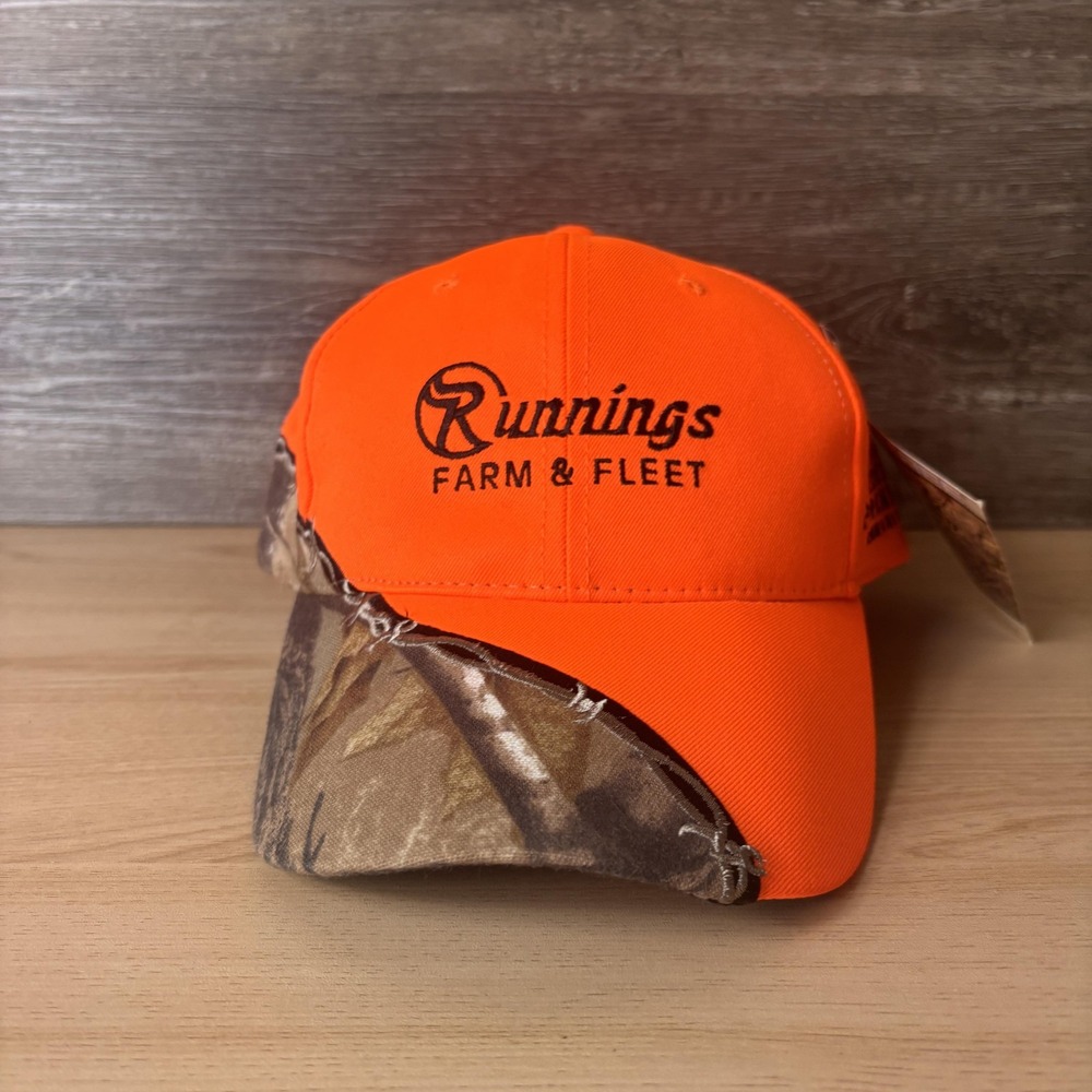 Runnings Farm & Fleet Hat Cap Strap Back Blaze Orange Realtree AP HD Camo NWT